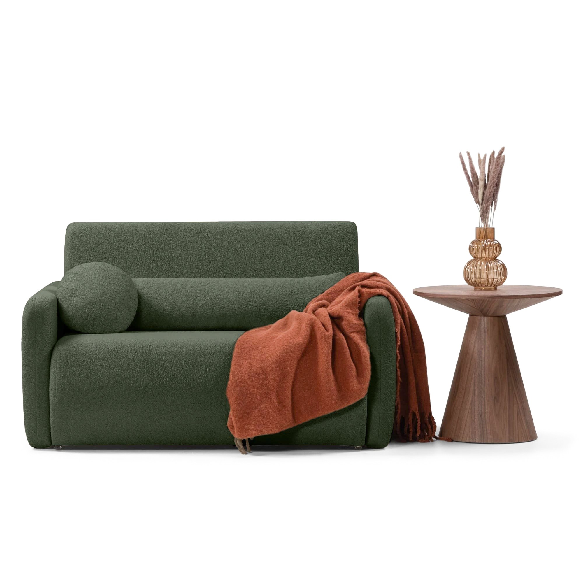 Dwuosobowa sofa rozkładana z pojemnikiem Diosa, ciemnozielona, boucle