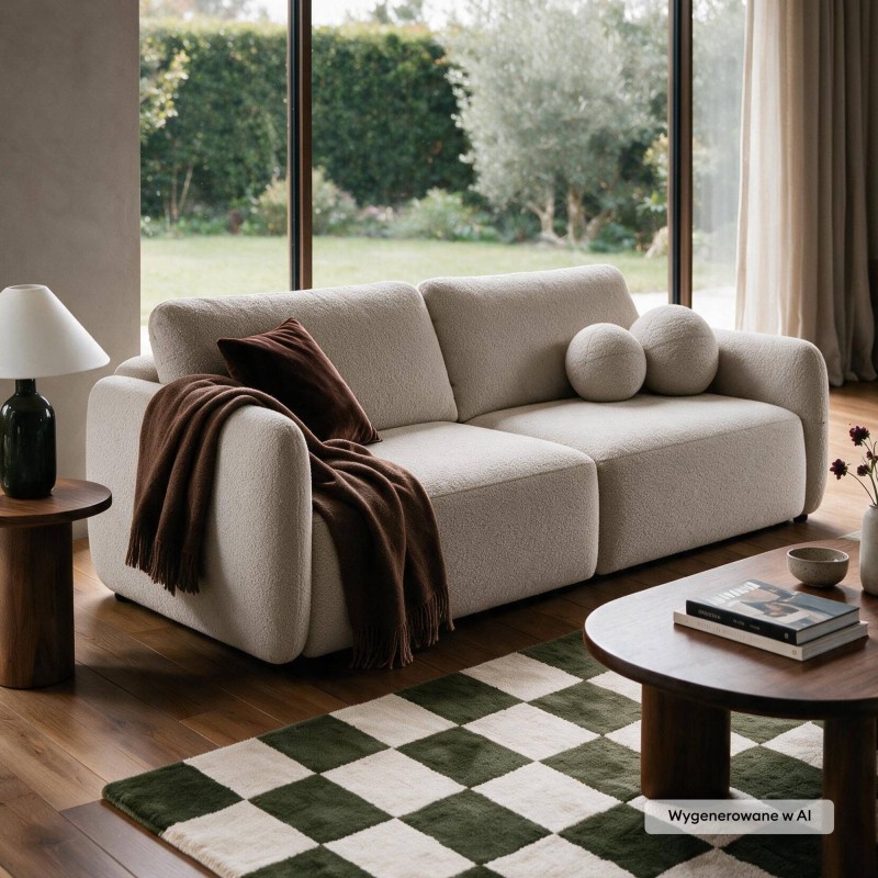 Sofa rozkładana Botse jasnobeżowa z pojemnikiem, boucle