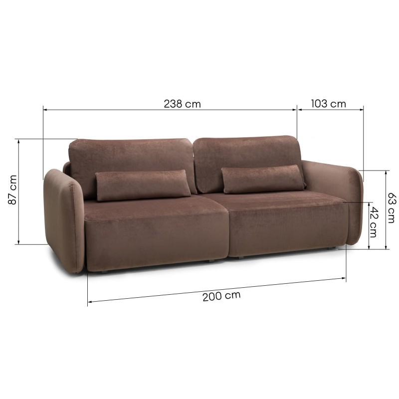 OU-2955 Sofa rozkładana Mossa, pojemnik, obłe kształty, brązowa, welur