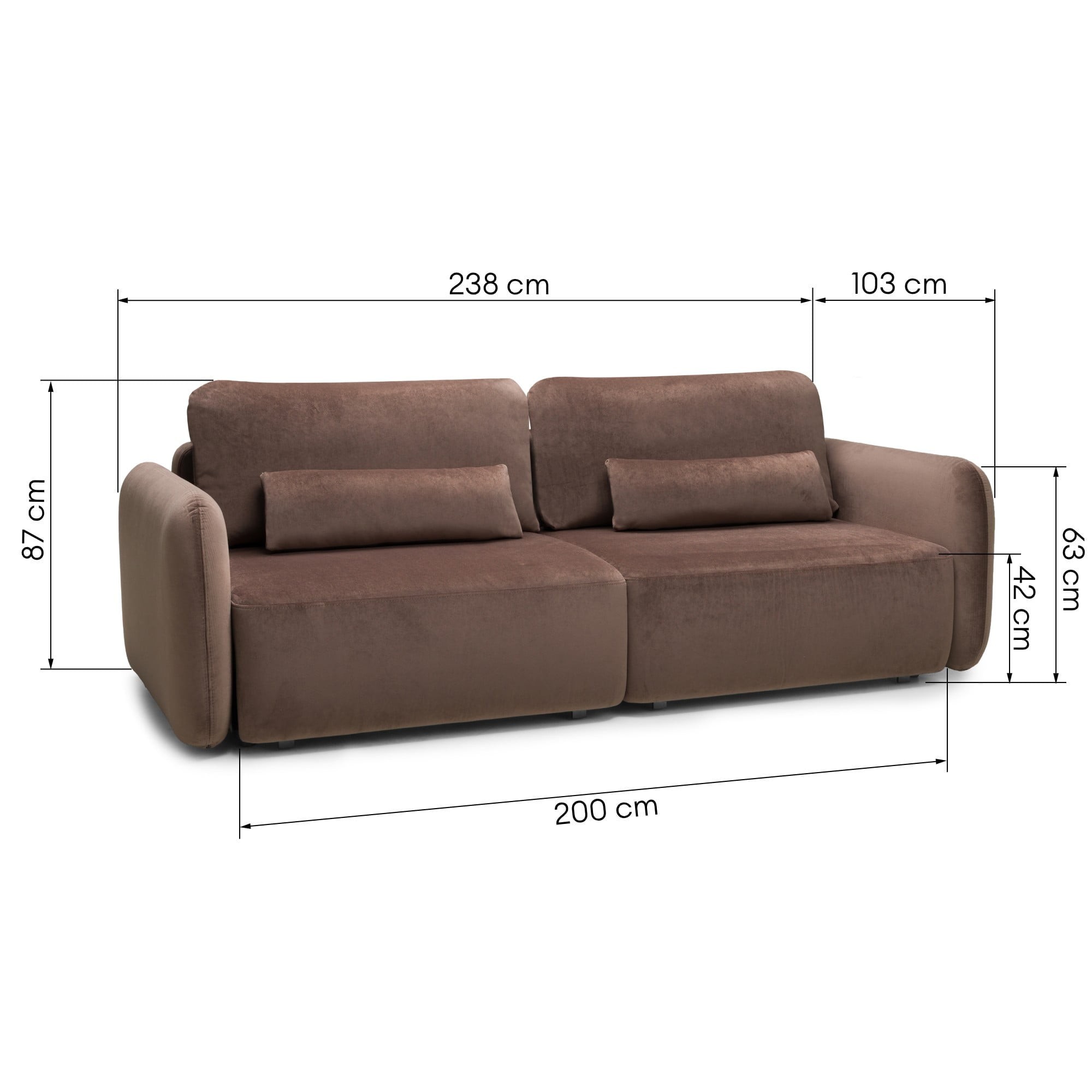 OU-2955 Sofa rozkładana Mossa, pojemnik, obłe kształty, brązowa, welur