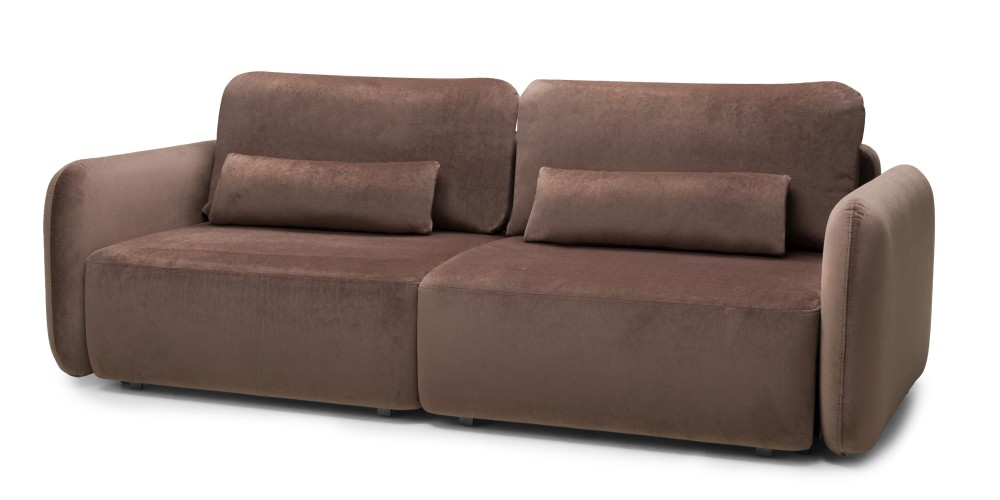 OU-2955 Sofa rozkładana Mossa, pojemnik, obłe kształty, brązowa, welur