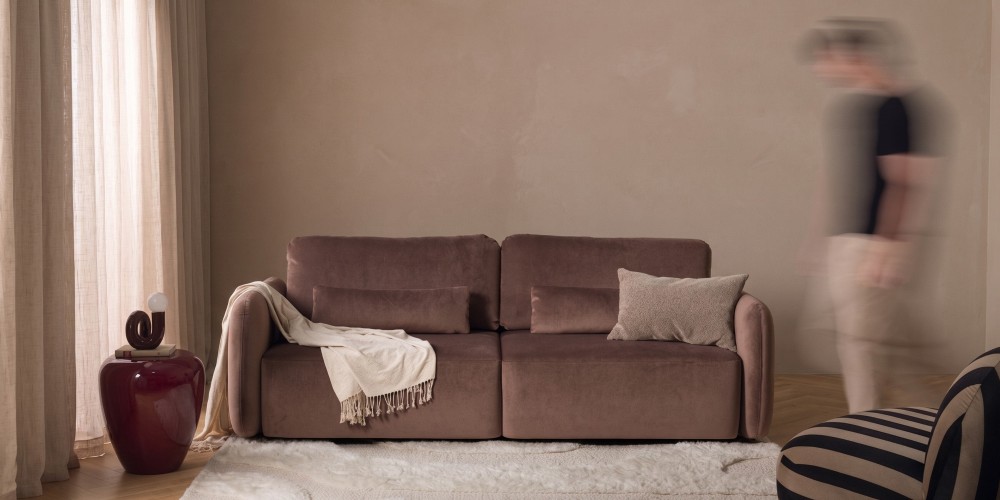 OU-2955 Sofa rozkładana Mossa, pojemnik, obłe kształty, brązowa, welur