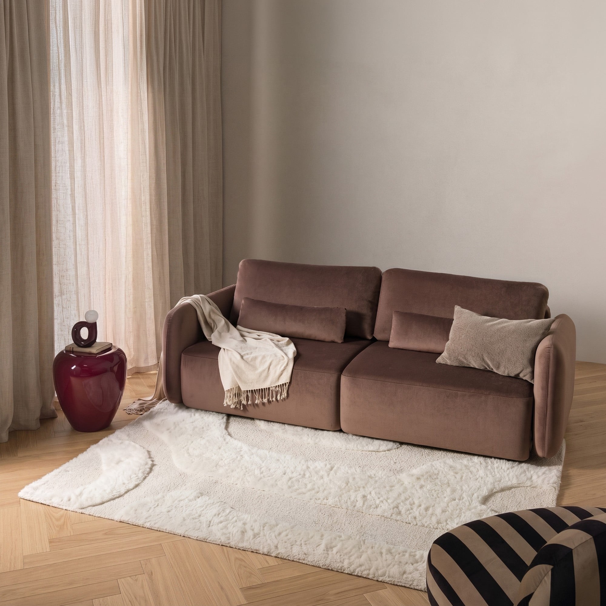 OU-2955 Sofa rozkładana Mossa, pojemnik, obłe kształty, brązowa, welur