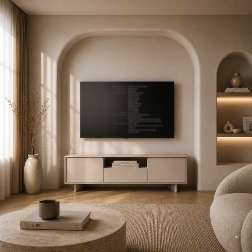 Szafka RTV Bloom 160 cm, kaszmirowa, zaokrąglone fronty