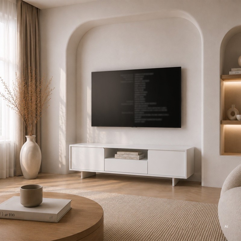 Szafka RTV Bloom 160 cm, biała, zaokrąglone fronty