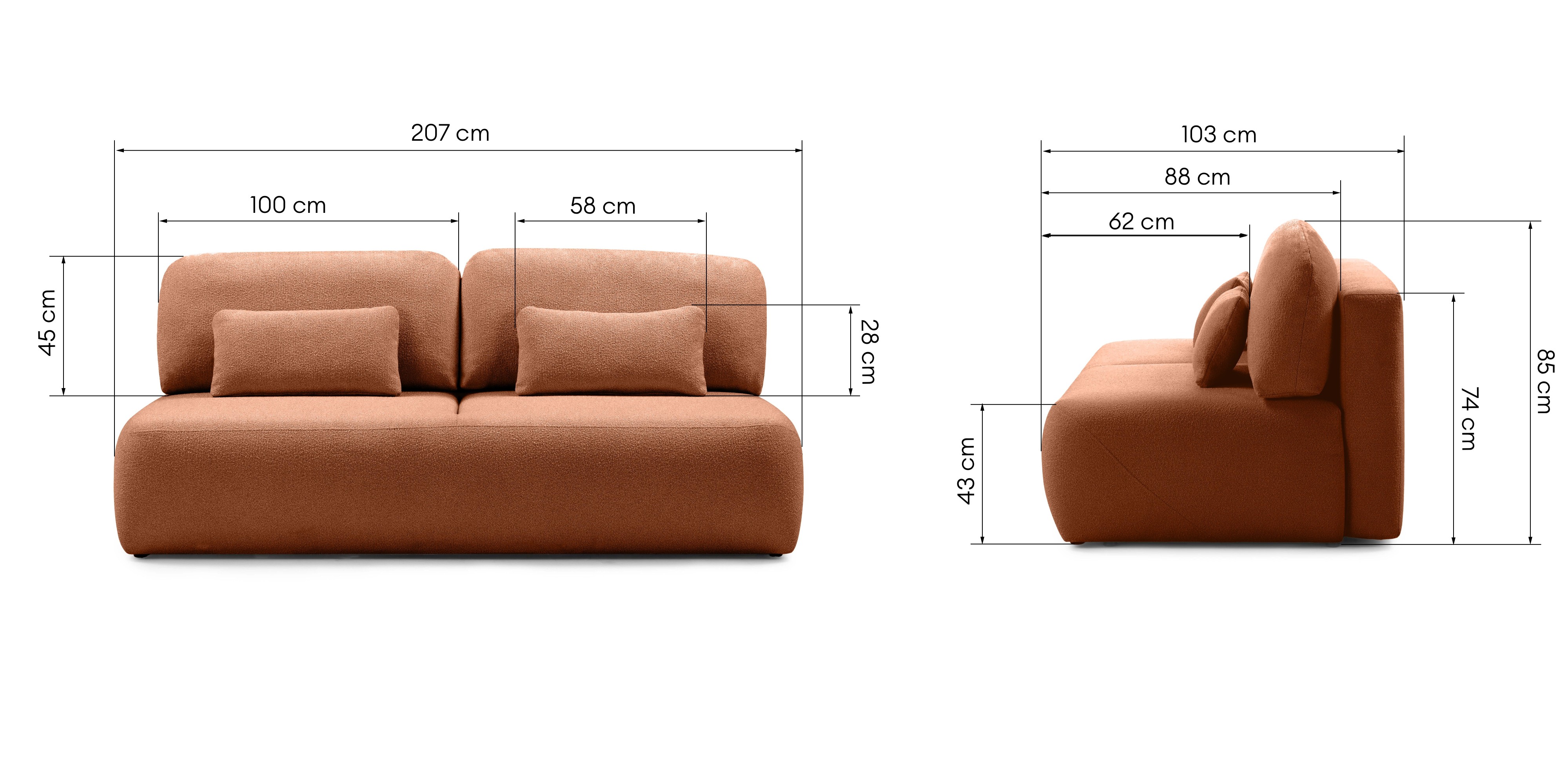 Sofa z funkcją spania i pojemnikiem Liva, miedziana, boucle
