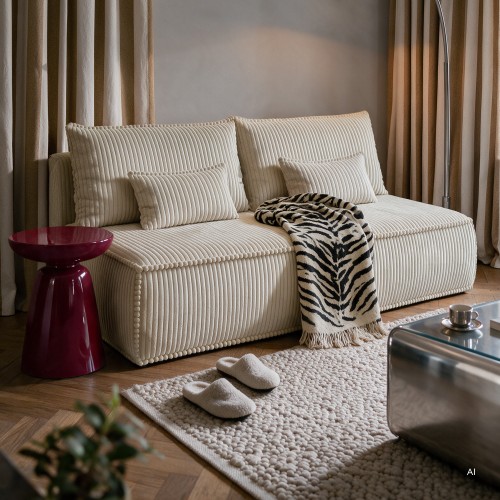 Sofa rozkładana Sofuto z pojemnikiem, jasnobeżowa, sztruks