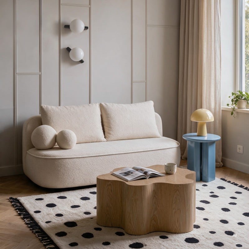 Sofa rozkładana z pojemnikiem Bella jasnobeżowa, boucle