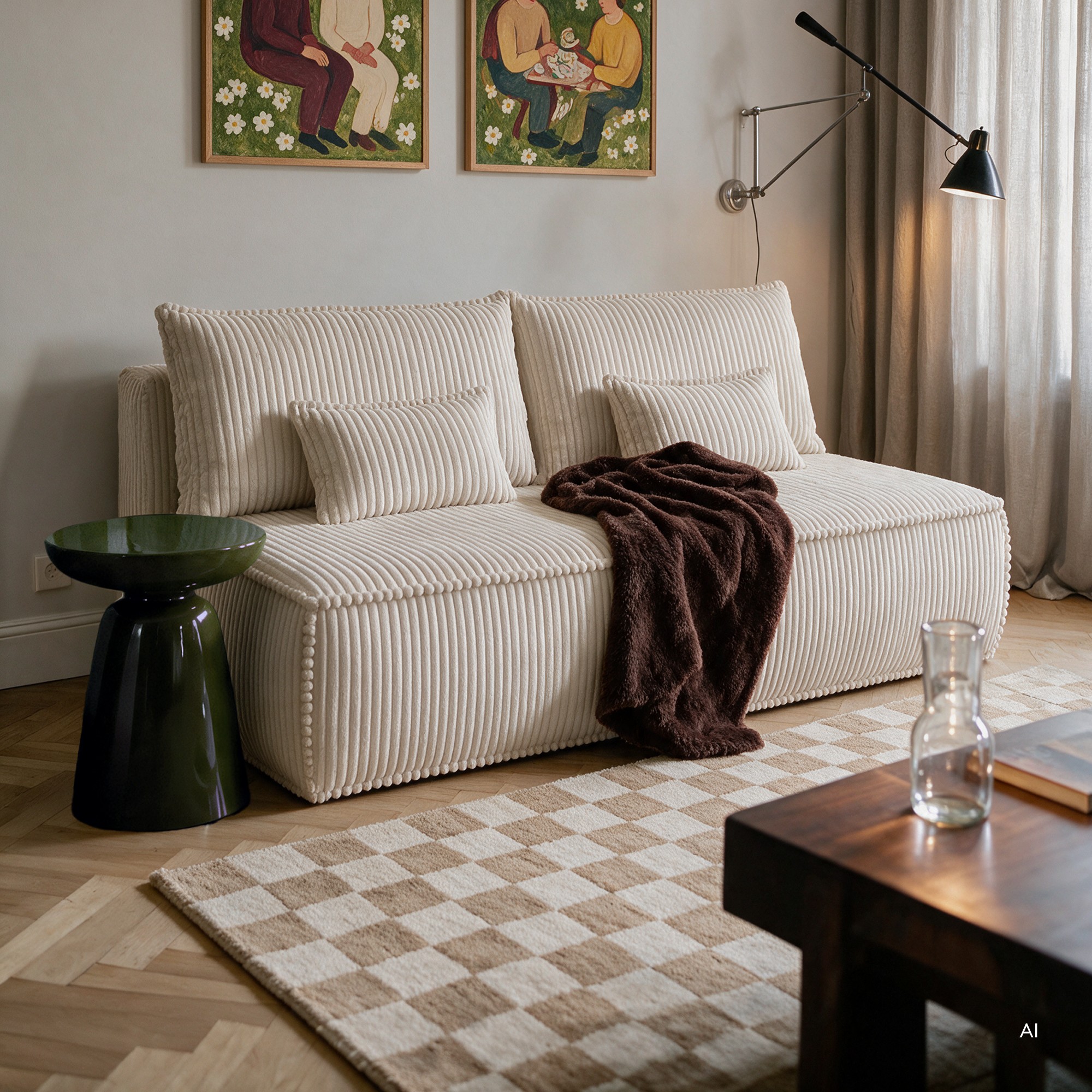 Sofa rozkładana Sofuto z pojemnikiem, kremowa, sztruks