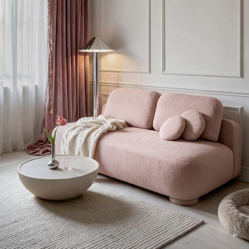 Sofa z funkcją spania i pojemnikiem Mikado, różowa, boucle