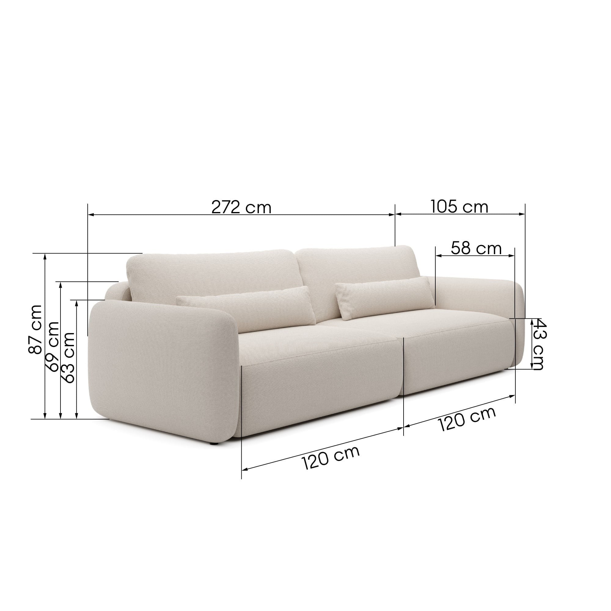 Sofa rozkładana Mossa Big z 2 pojemnikami, obłe kształty