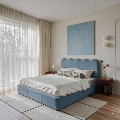 Łóżko Onda 140 cm z pojemnikiem, niebieskie, boucle, falowane
