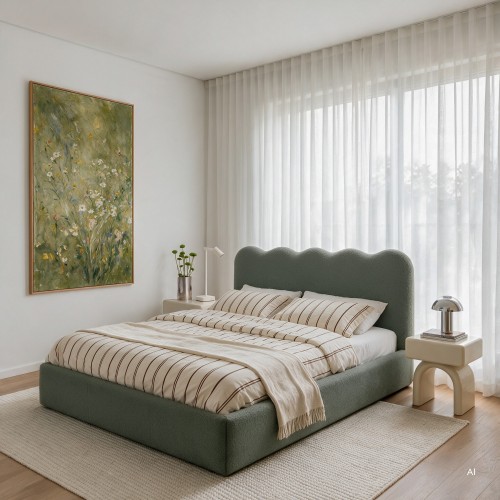 Łóżko Onda 140x200, pojemnik, ciemnozielone boucle, falowane