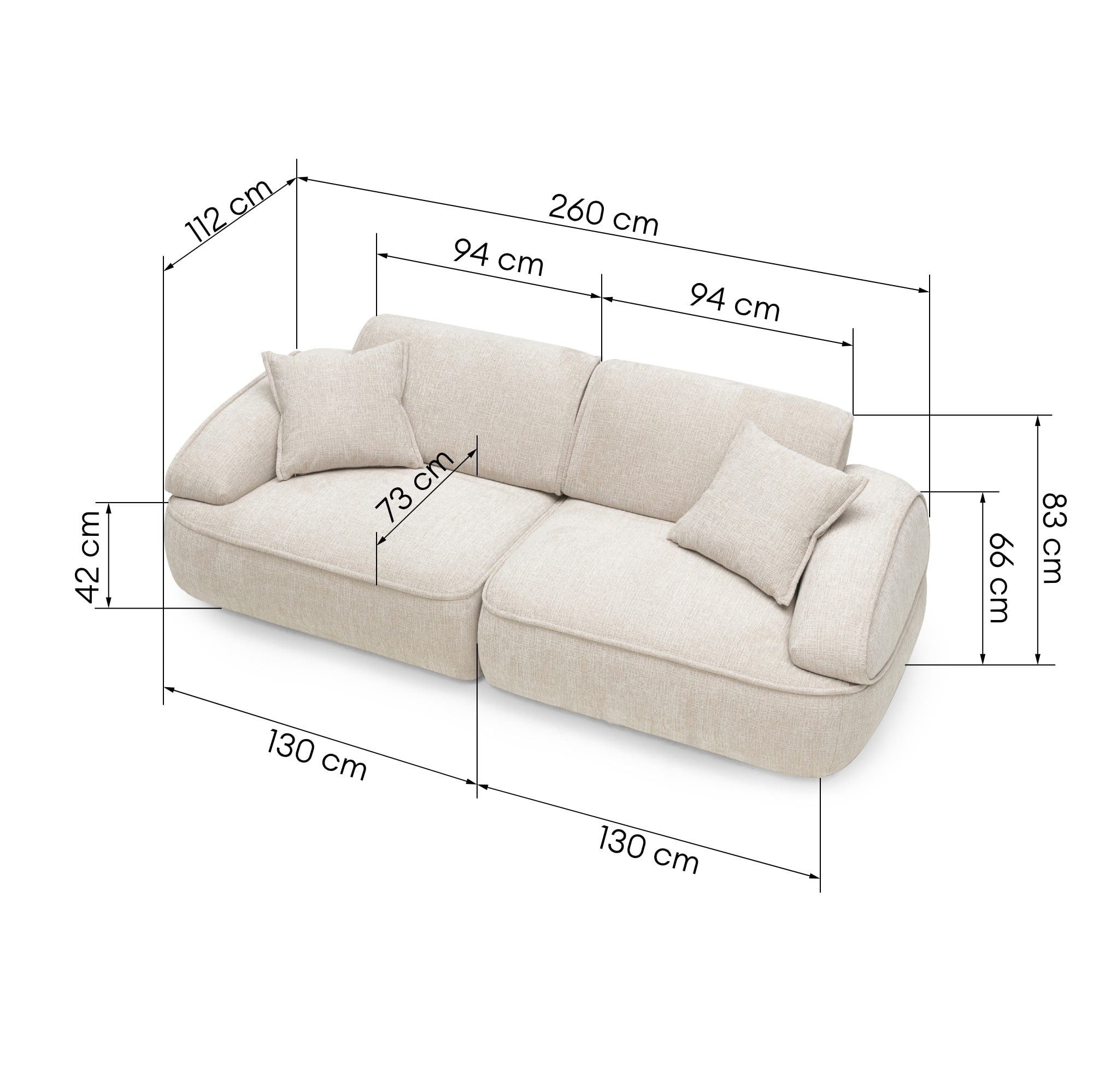 Sofa modułowa Savio 260 cm, regulowane oparcie, obłe kształty, beżowa