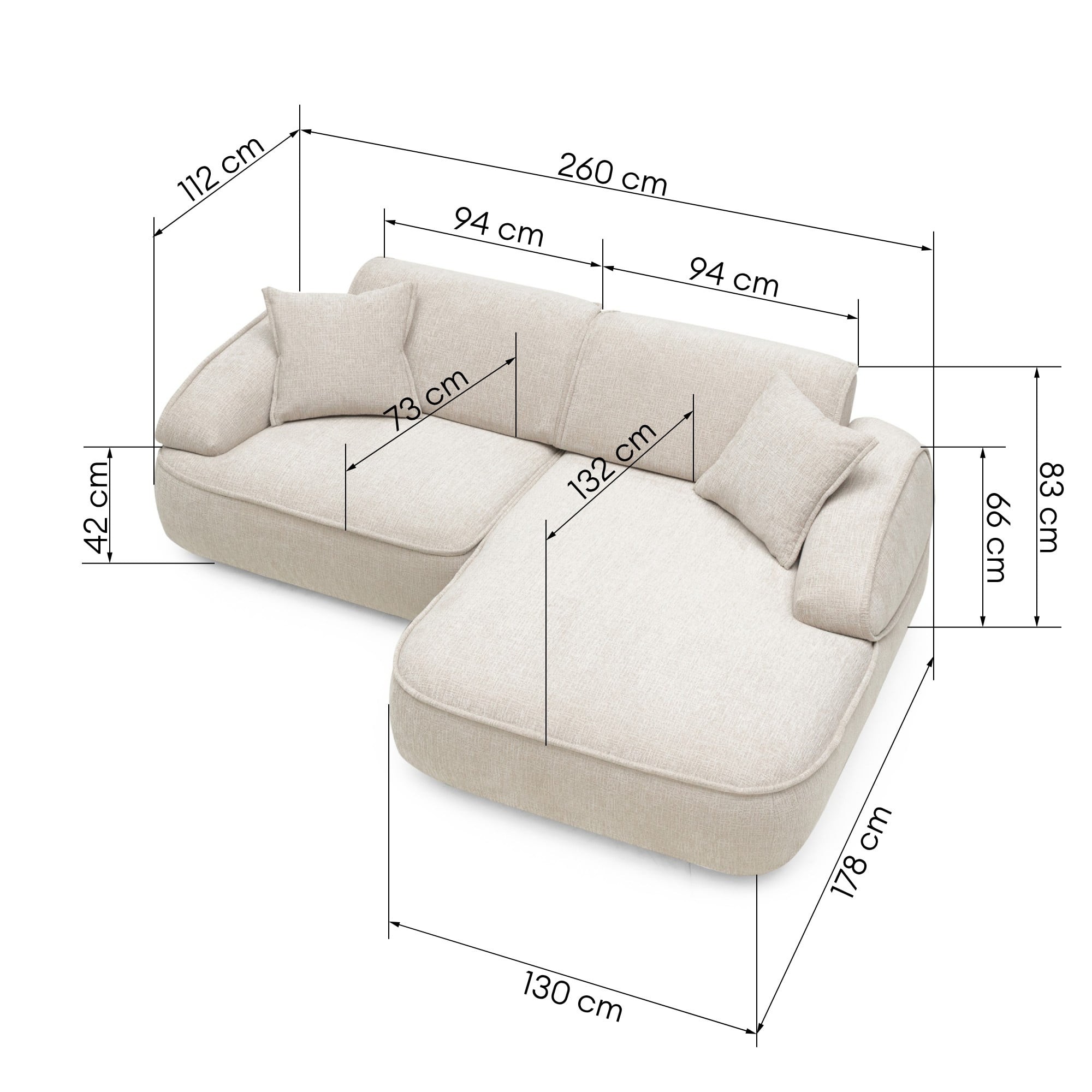 Narożnik modułowy Savio 260 cm, prawy, regulowane oparcie, obły, beż