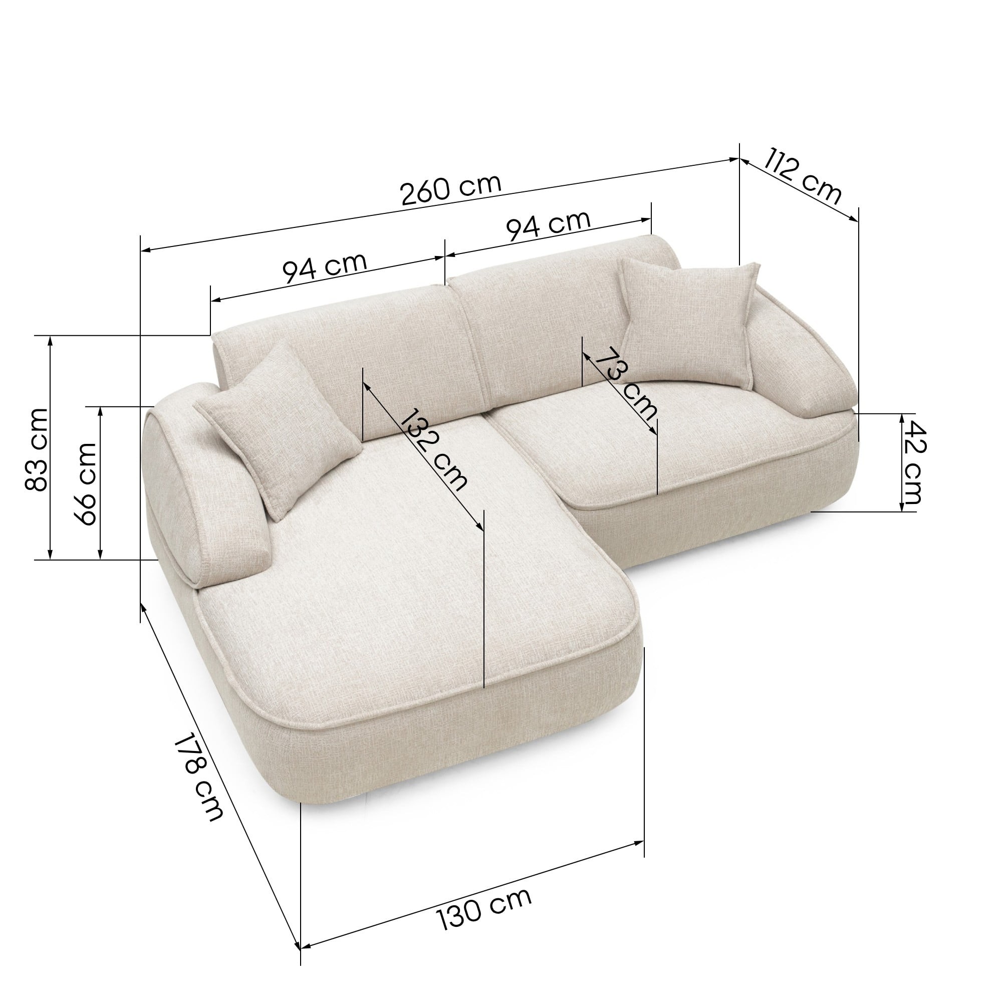 Narożnik modułowy Savio 260 cm, lewy, regulowane oparcie, obły, beż