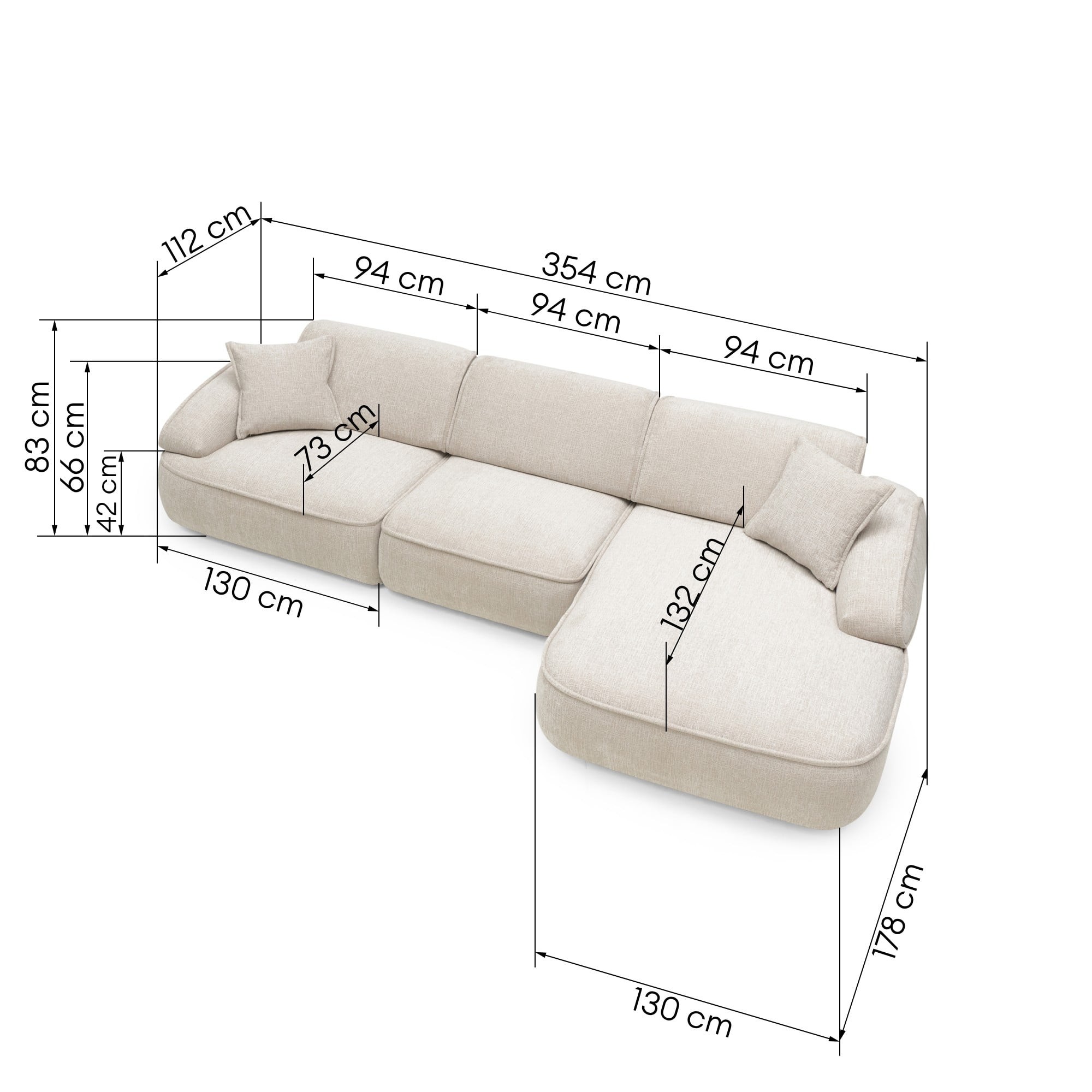 Narożnik modułowy Savio 354 cm, prawy, regulowane oparcie, obły, beż