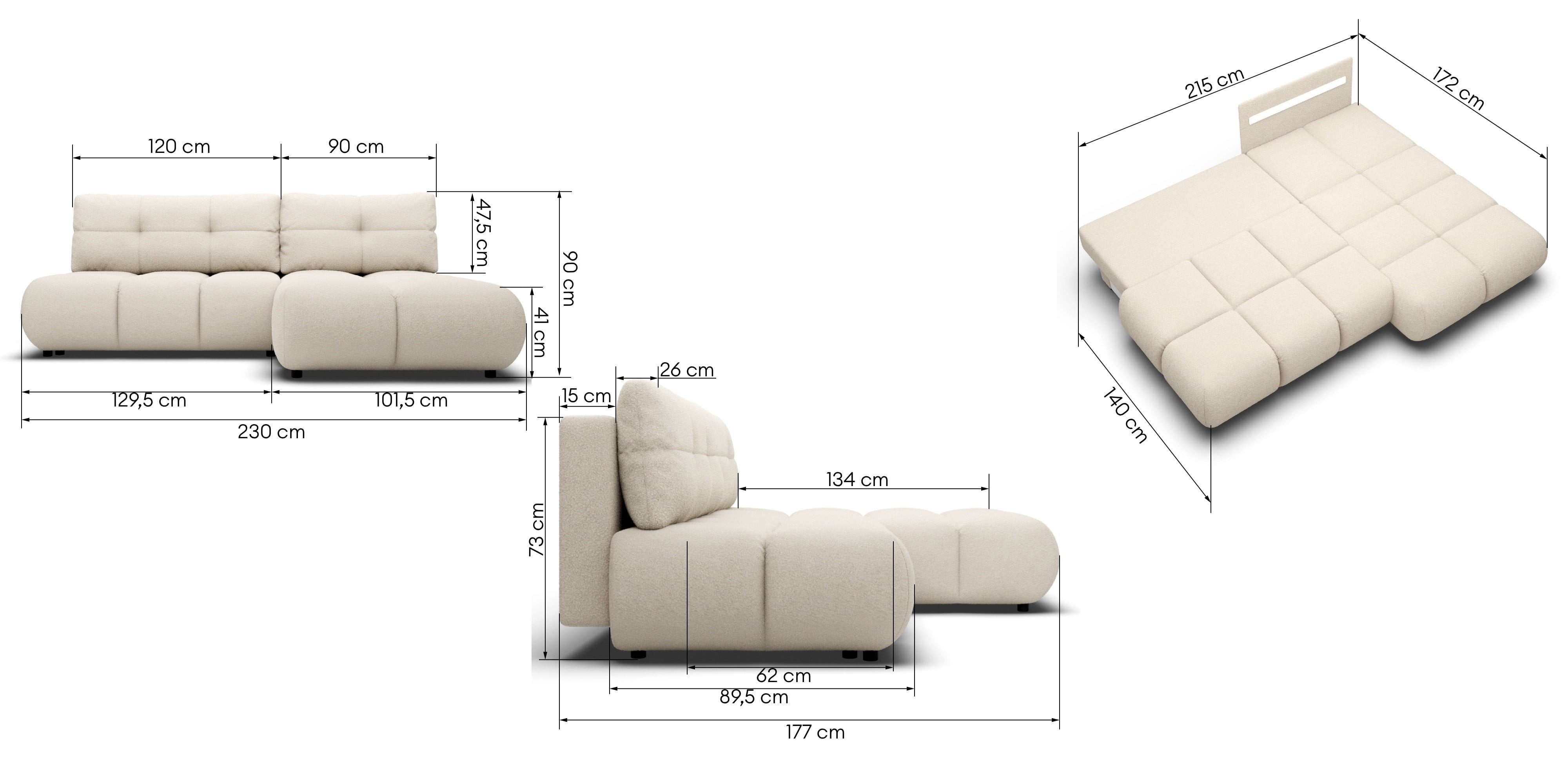 OU-3134 Narożnik Milo z pojemnikiem, prawy, jasny beż, boucle, obły