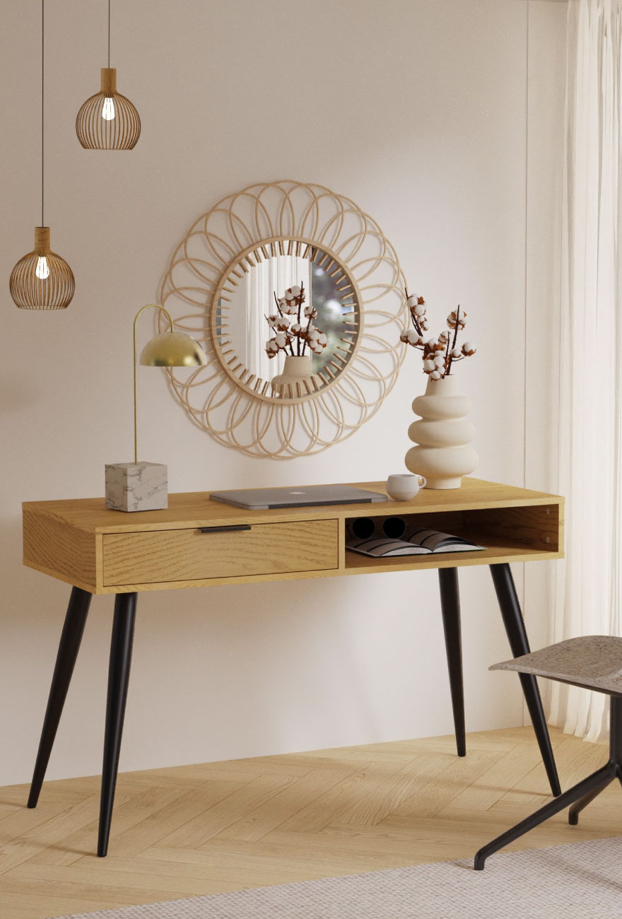 Wizualizacja drewnianego biurka w stylu boho z okrągłym lustrem z rattanową ramą wiszącym nad nim, zdobnym wazonem z suszkami i lampką biurkową.
