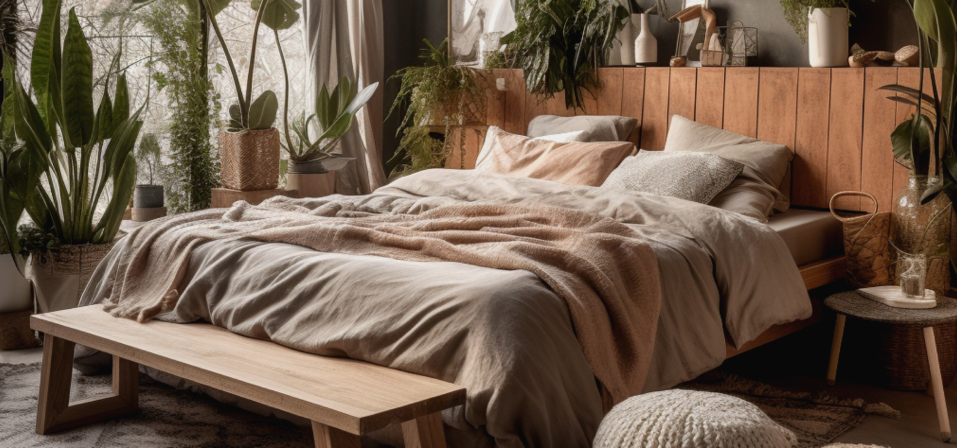 Sypialnia w klimacie boho z ogromną ilością roślin wokół. Przed łóżkiem drewniana ława.