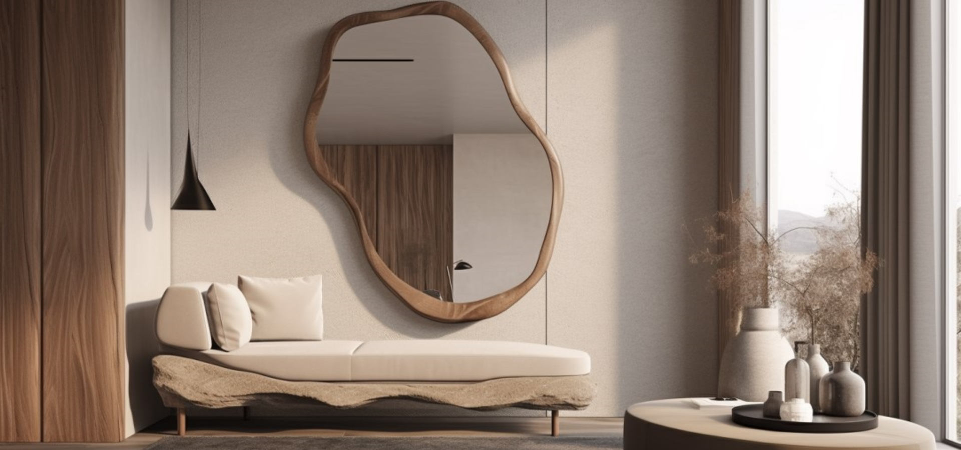 Duże drewniane lustro o nieregularnym kształcie wiszące nad sofą. Niski stolik kawowy, na nim ułożone dekoracyjne wazony. Wnętrze urządzone w nowoczesnym stylu w odcieniach brązu.