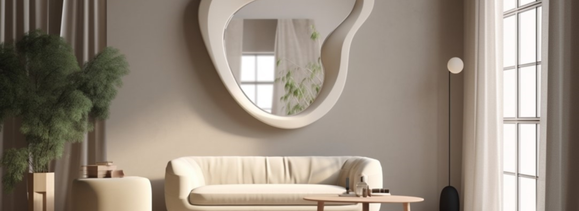 Nowoczesne wnętrze, w centrum na ścianie wisi duże białe lustro o nieregularnym kształcie. Pod lustrem stoi sofa i stolik. Obok umieszczona jest duża doniczka z rośliną.
