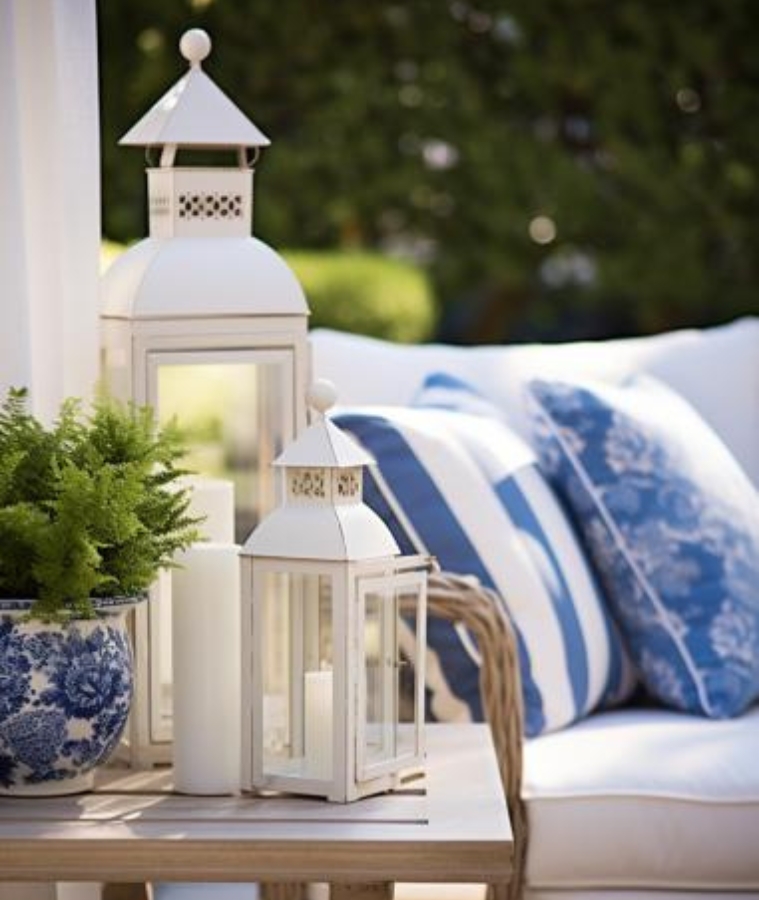 Białe lampiony oraz niebieska doniczka z paprocią ułożone na drewnianym stoliku. W tle meble ogrodowe z dekoracyjnymi poduszkami w biało niebieskich kolorach.