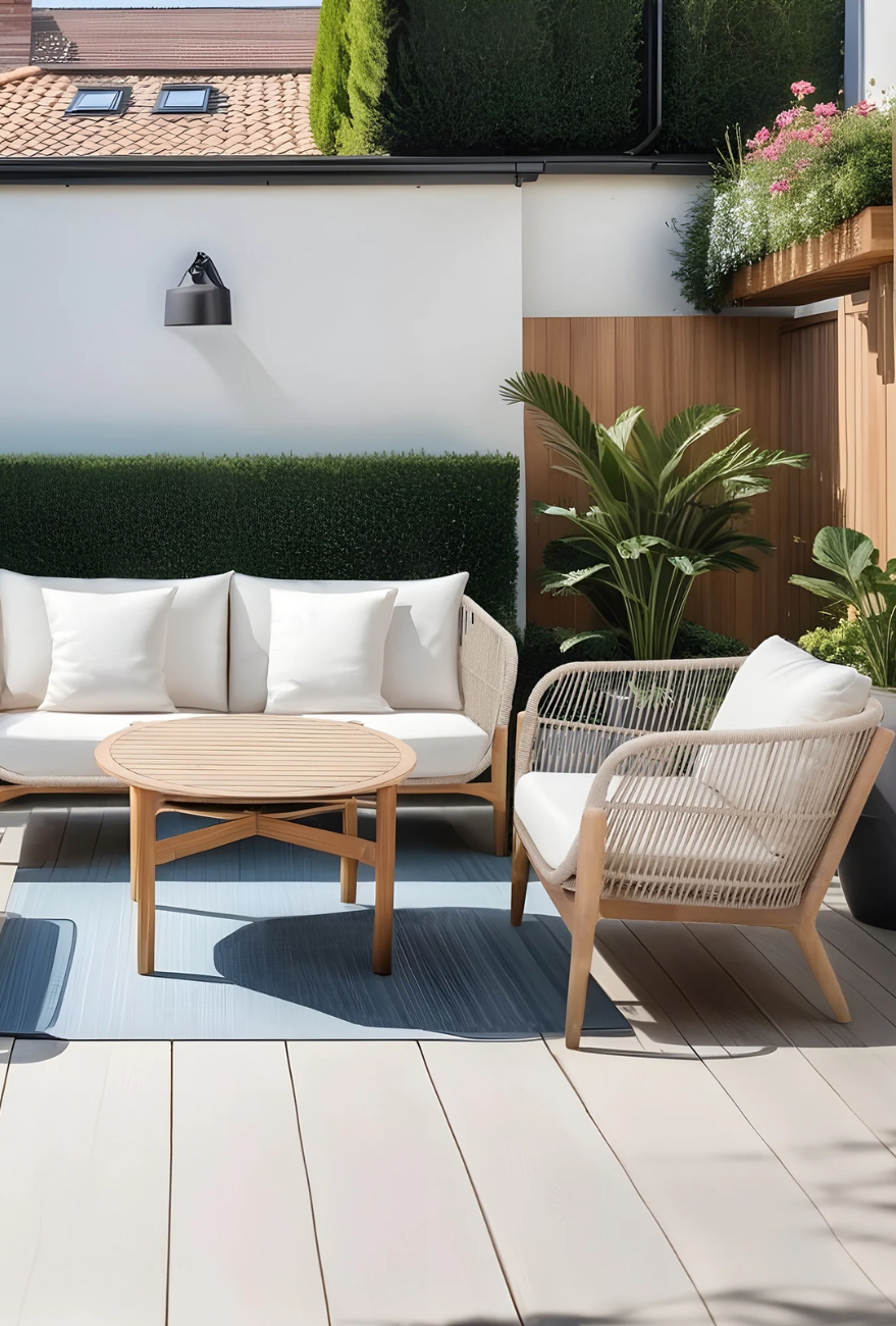 Zestaw mebli ogrodowych składający się z 2-osobowej sofy, fotela oraz okrągłego stolika. Na meblach położone miękkie poduszki do siedzenia w kolorze jasnego beżu. W tle mur budynku oraz roślinność.